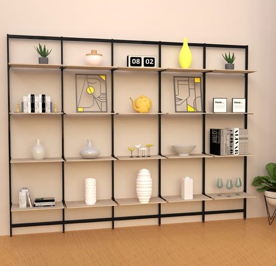 Black Track Wall Mounted Shelving Unit: Modular Five-Section Layout