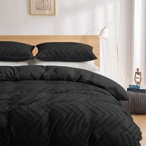 Black Tufted Duvet Cover Set With Clipped Dot Geometric Texture.