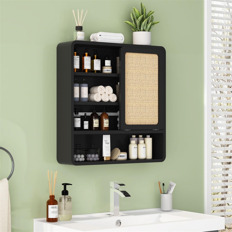 Black Wall Cabinet with Flax Sliding Door and Adjustable Shelves