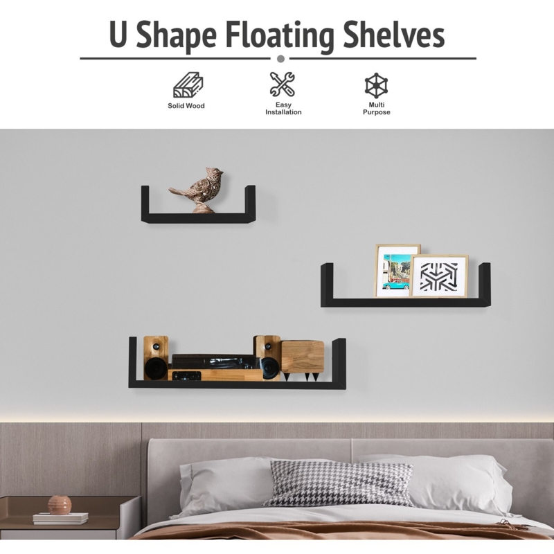 Black Wall Mounted Shelf U Shaped Floating Shelves Set of 3 Size Storage  Display