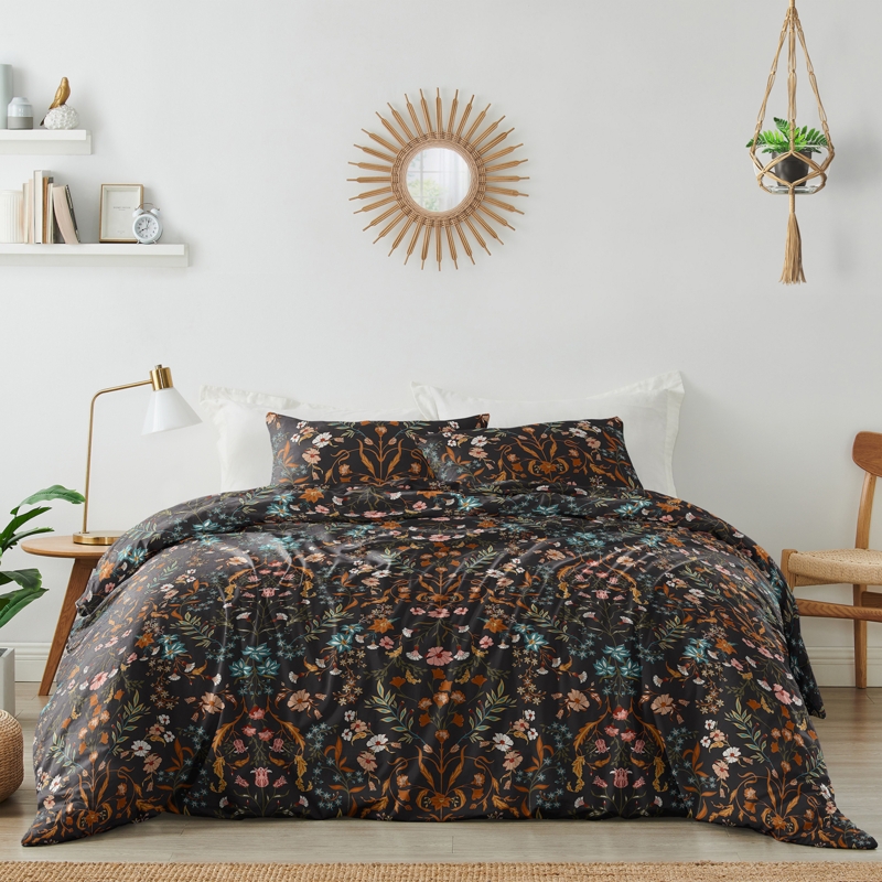 Black Wildflower Duvet Cover Set Vibrant Boho Botanical Print
