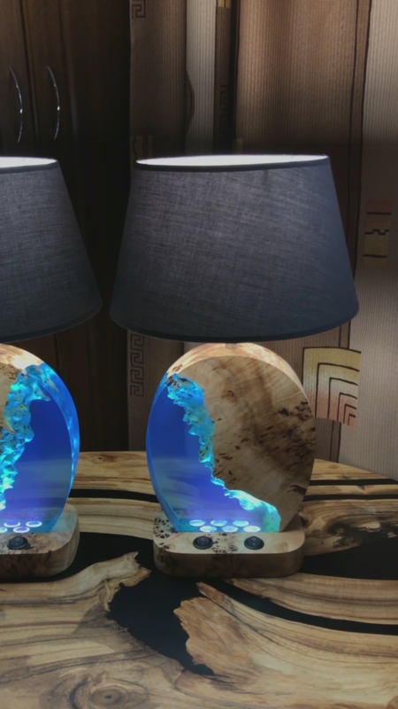 Blue Epoxy Resin Table Lamp with Live Edge Wood Base.