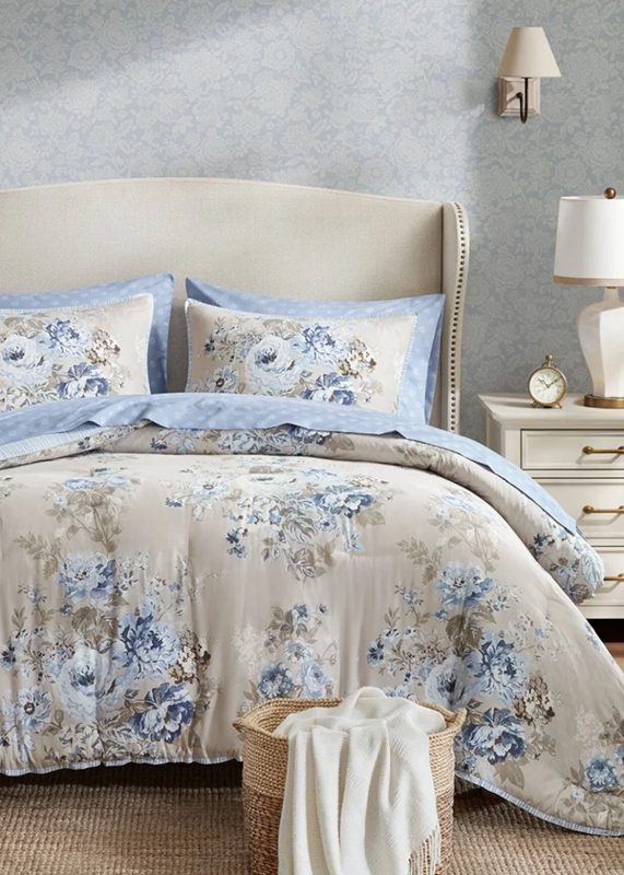 Blue Floral Comforter Set Large Scale Rose Motif Cottagecore Style