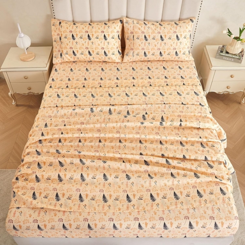 Blue Floral Sheet Set | Traditional Botanical Print with Yellow Accents
