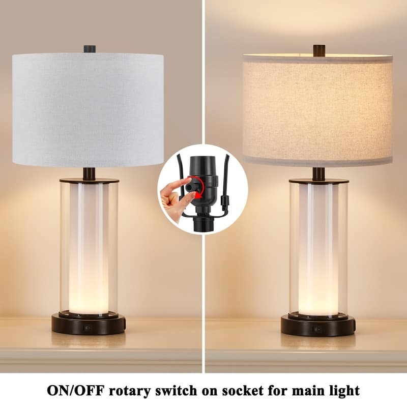 Blue Glass Table Lamp Set with Ribbed Base and Night Light