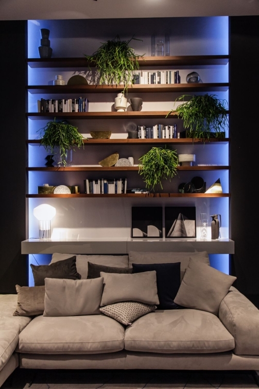 Blue LED Backlit Floating Shelves: Contemporary Wall Decor