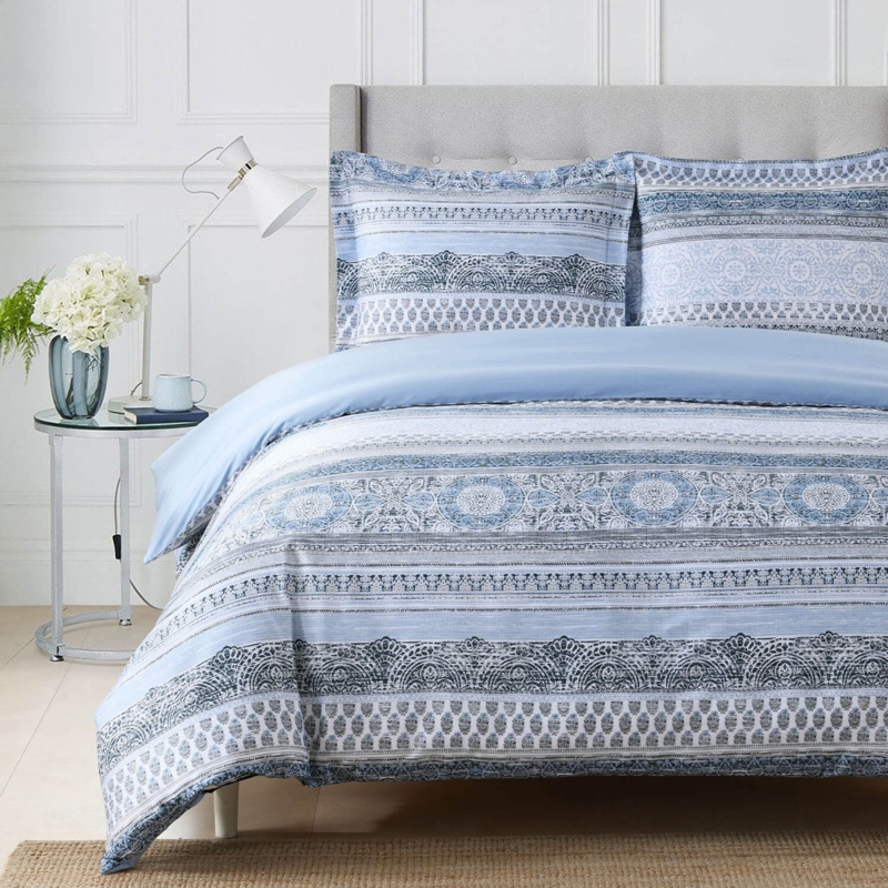 Blue Medallion Duvet Cover Set Large Scale Print Transitional Bedding