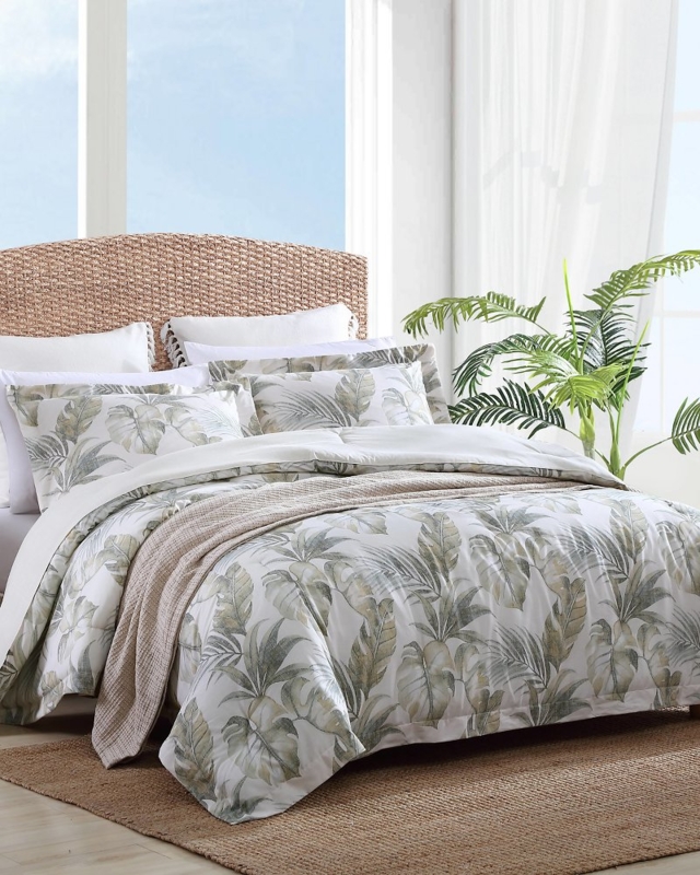 Blue Tropical Leaf Comforter Set: Coastal Botanical Print Bedding