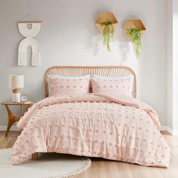 Blush Pink Clip Jacquard Comforter Set, Geometric Details Boho Style.