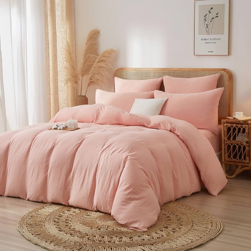 Blush Pink Muslin Duvet Cover Set Gauze Texture Organic Bedding