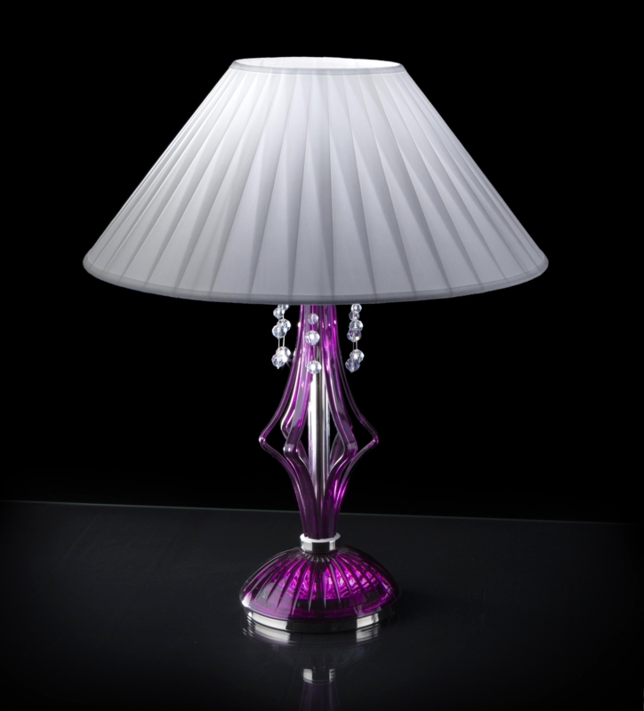 Bohemian Purple Glass Table Lamp with Crystal Pearl Accents
