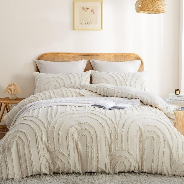 Boho Beige Bedding Set Tufted Geometric Arch Pattern Microfiber Duvet