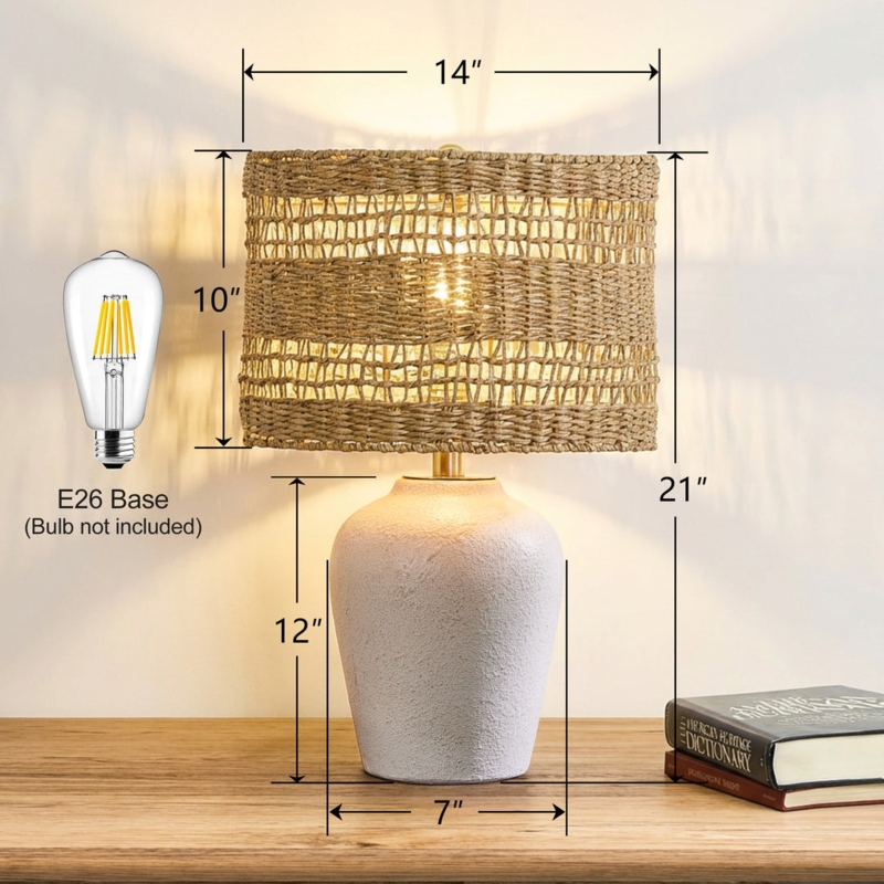 Boho Coastal Table Lamp Ceramic Woven Rattan Band White Drum Shade