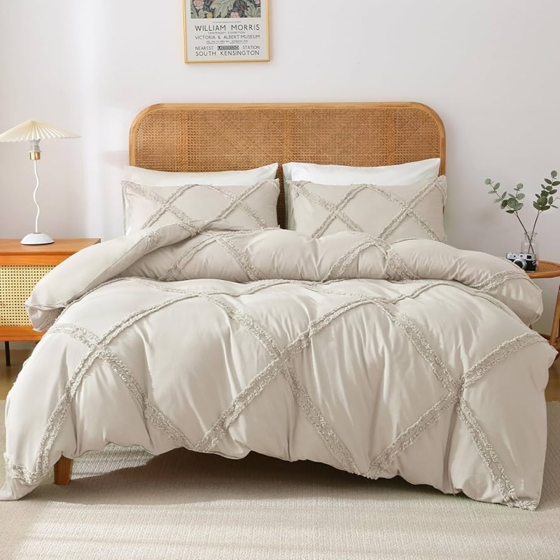 Boho Duvet Cover Set In Beige Tufted Geometric Jacquard Texture.
