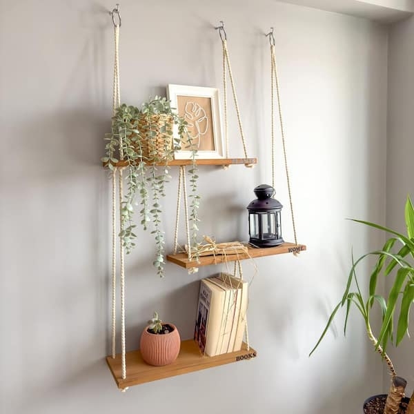Boho Hanging Shelf: Three Tier Wood Design with Knotted Rope Detail