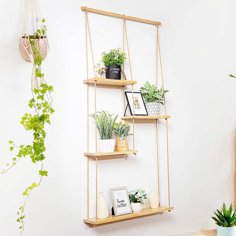 Boho Macrame Hanging Shelf with Three Wood Tiers and Tassels