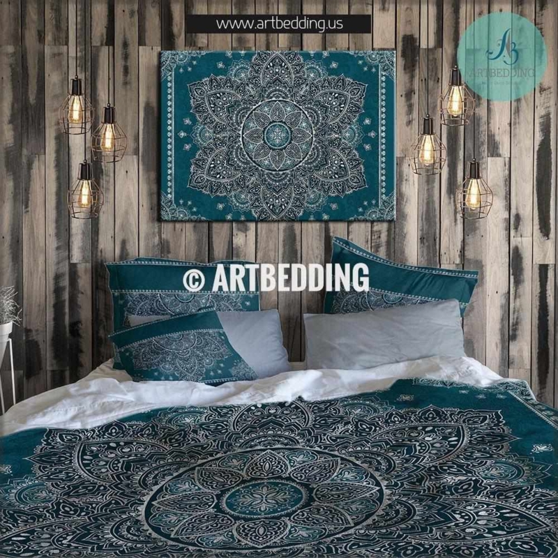 Boho Mandala Duvet Cover Set, Metallic Silver Print, Deep Palette