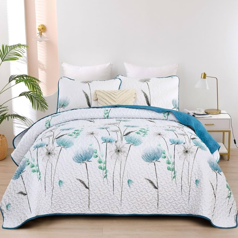 Boho Quilt Set: Teal Botanical Print with Scalloped Edges