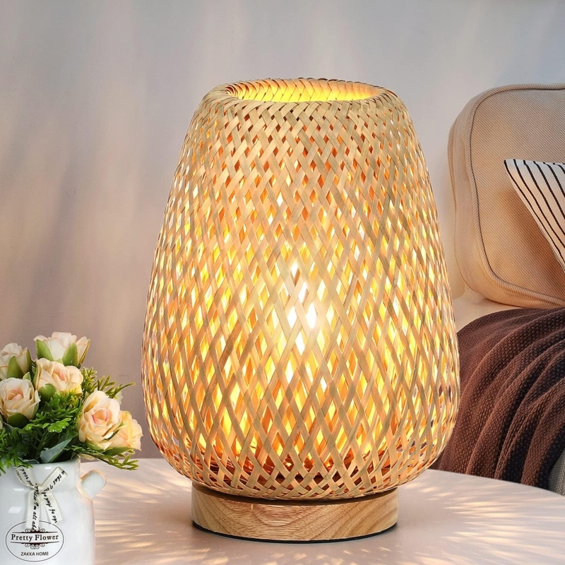 Boho Rattan Table Lamp with Woven Shade & Wood Base
