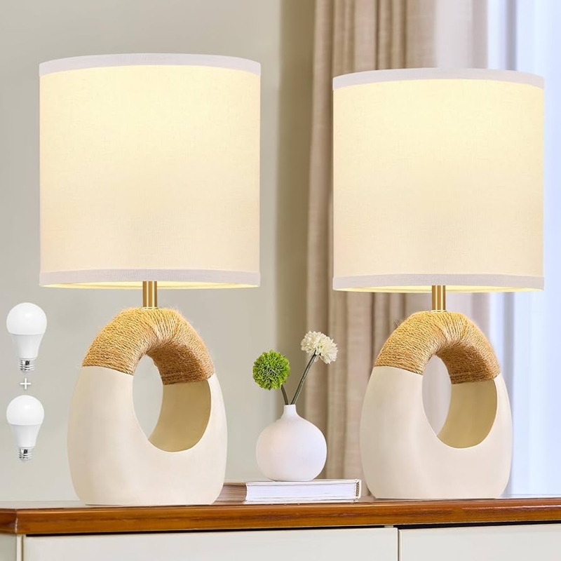 Boho Rattan Table Lamps Set Natural Woven Base White Shade