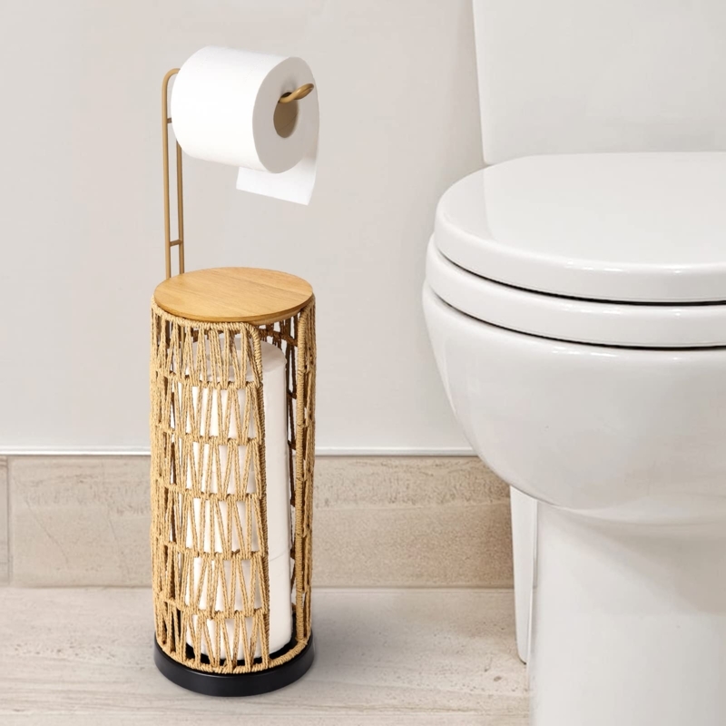 Boho Rattan Toilet Paper Stand with Woven Storage Compartment