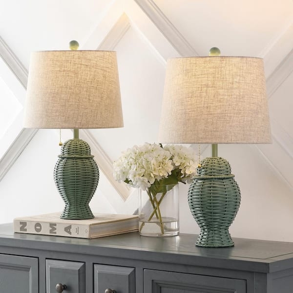 Boho Table Lamp Pair, Sage Green Woven Rattan Base, Linen-Like Shade