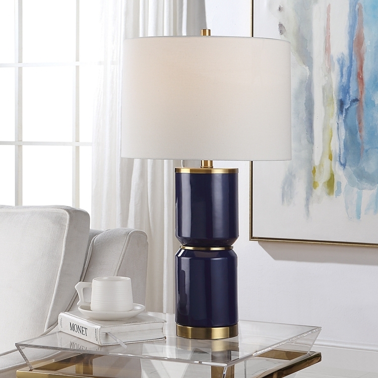 Bold Table Lamp: Royal Blue Geometric Textured Ceramic Base