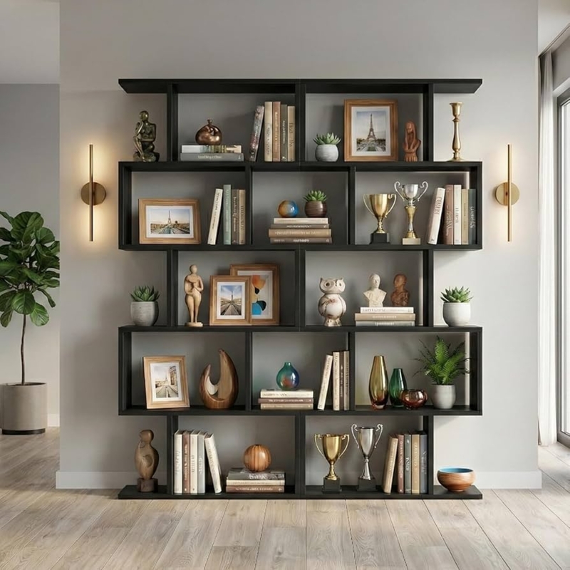 Bookcase S Shaped Design Matte Black Geometric Room Divider (69 chars)
