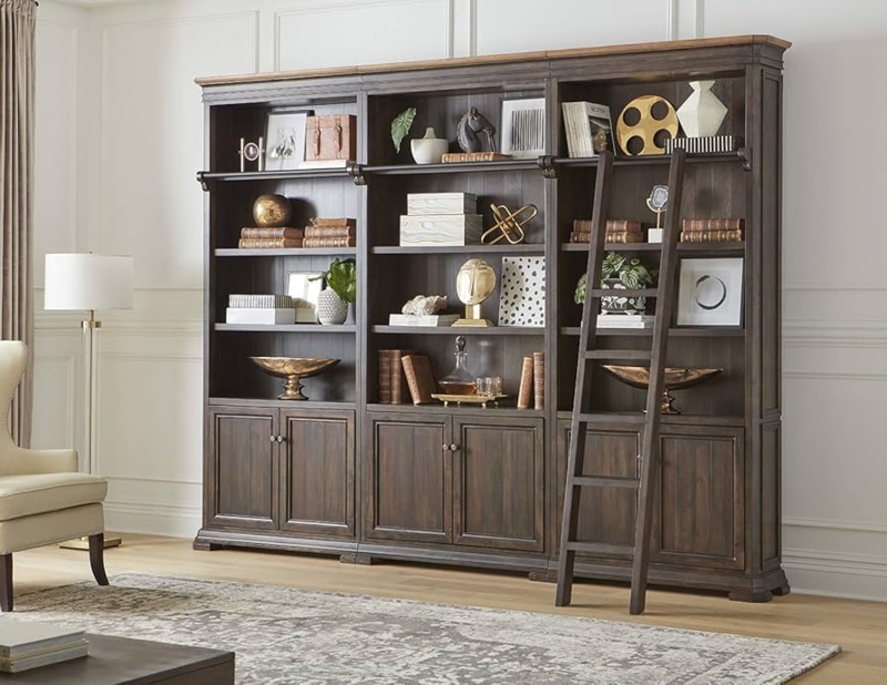 Bookcase Traditional Brown Wood Rolling Ladder Executive Shelving (66 chars)