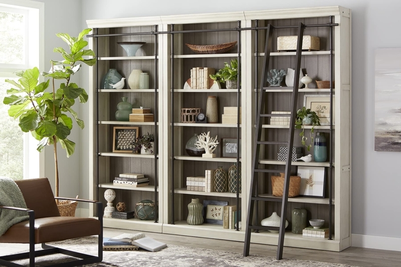 Bookcase Wall Traditional Aged White Library Ladder (51 chars)