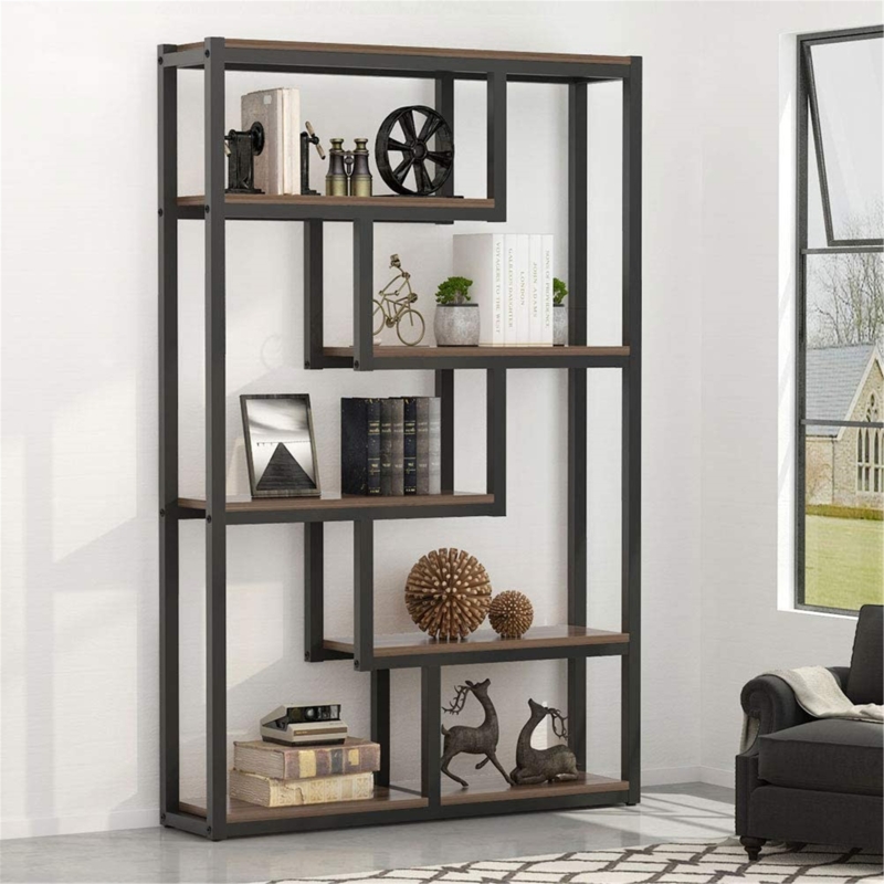Bookshelf with Five-Tier Design, Cross Brace, Mixed Materials.