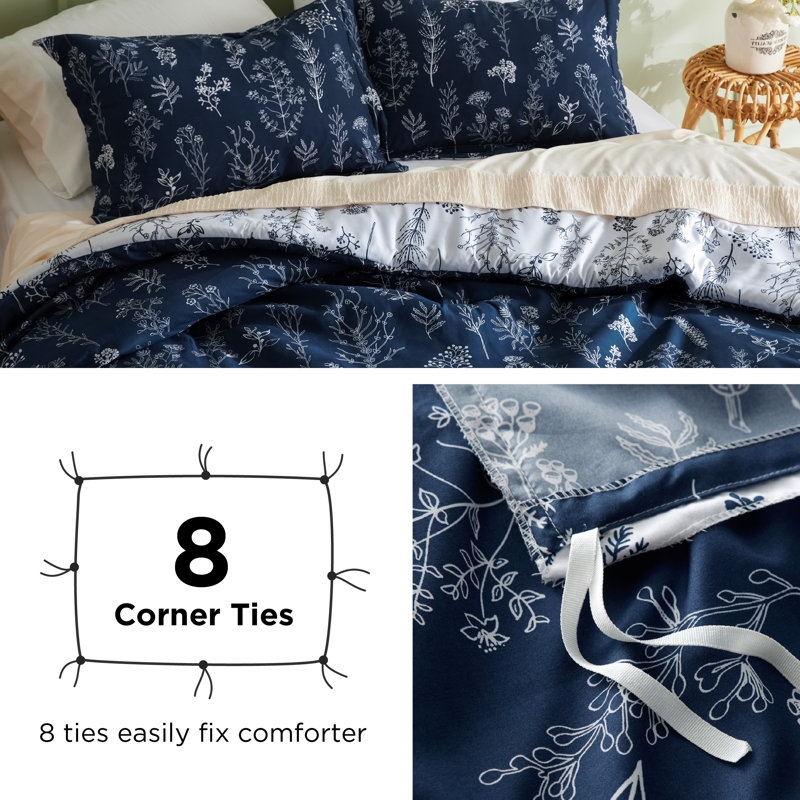 Botanical Sketch Floral Duvet Cover Set, Charcoal Gray Farmhouse Style.