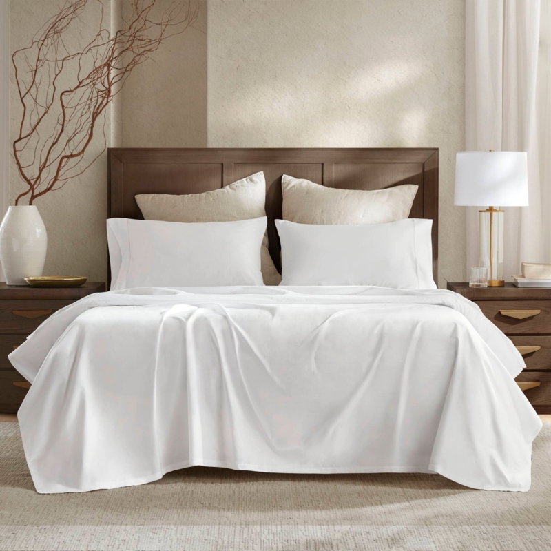 Bright White Sateen Sheet Set Folded with Crisp Cotton Texture