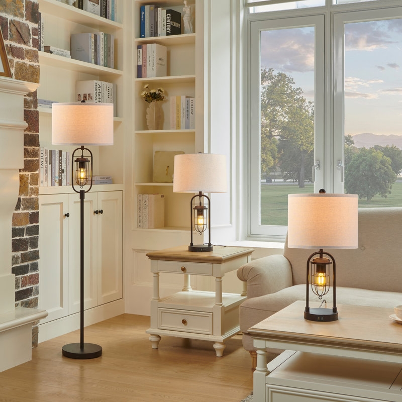 Bronze Coastal Table Lamp Set Open Work Geometric Base Nightlight