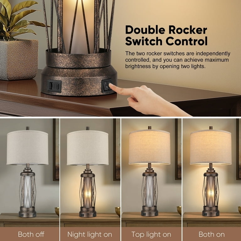 Bronze Lantern Base Lamp Pair with Rectangular Shade and Matte Finish.
