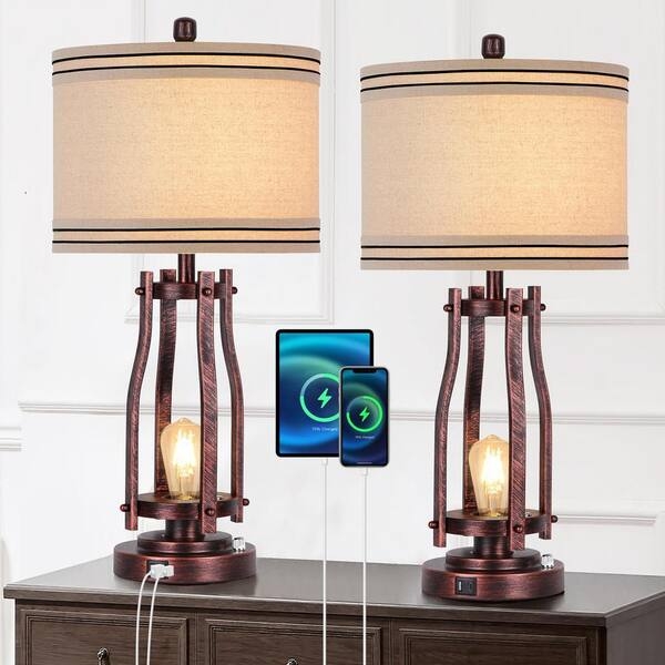 Bronze Table Lamp Set Pull Chain Switch White Tapered Drum Shade