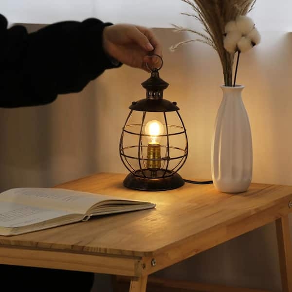 Brushed Brass Table Lamp Curved Arm Wire Cage Shade Industrial