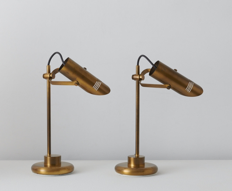 Brushed Brass Table Lamp Pair with Tripod Base and Adjustable Arm