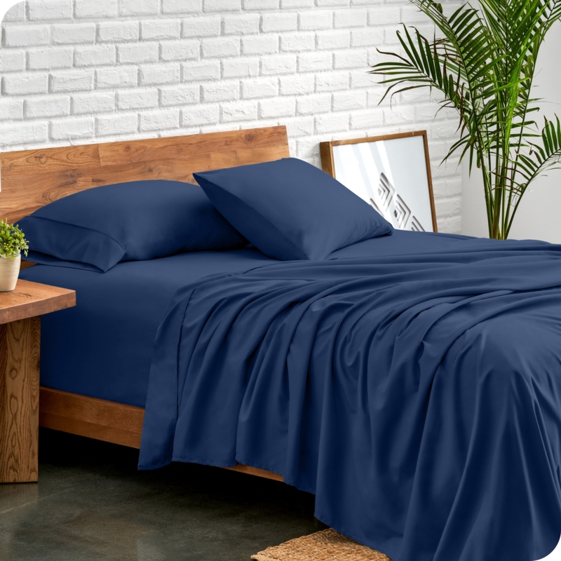 Brushed Navy Bed Sheet with Classic Folded Hem Detail