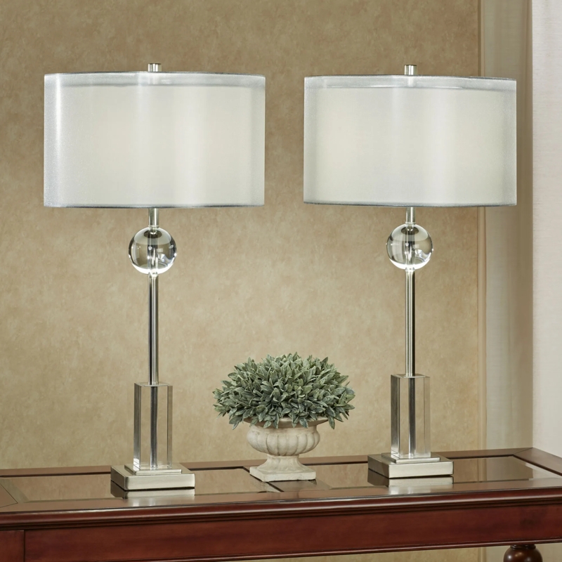 Brushed Nickel Table Lamp Pair with Faceted Crystal Orbs