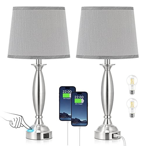 Brushed Nickel Table Lamp with Pull Chain and USB Charging Port.