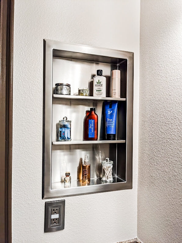Brushed Stainless Steel Recessed Niche Medicine Cabinet, Integrated Shelf.
