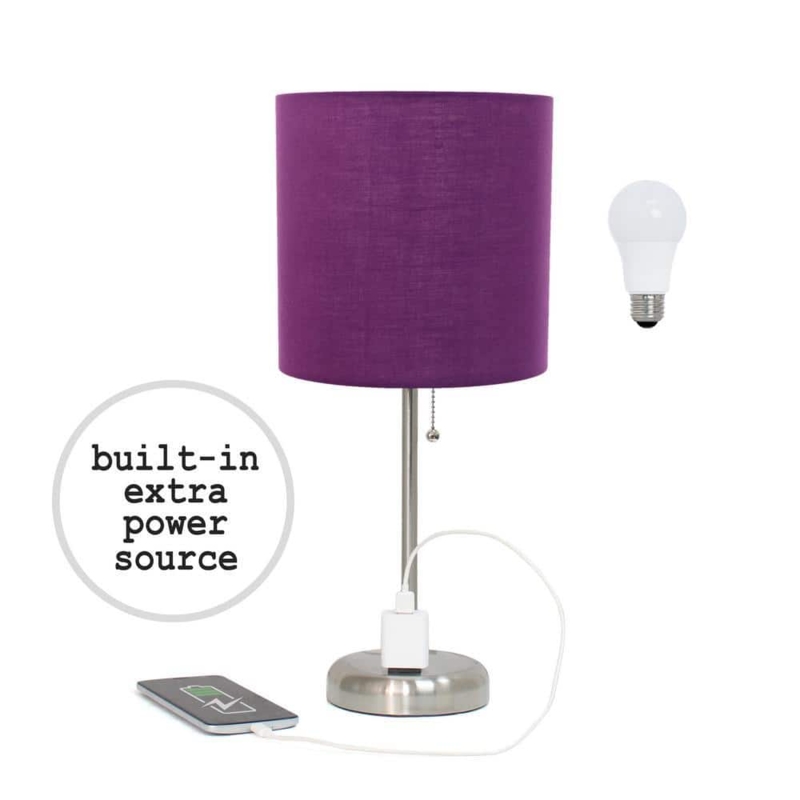 Brushed Steel Table Lamp with Purple Drum Shade and Outlet