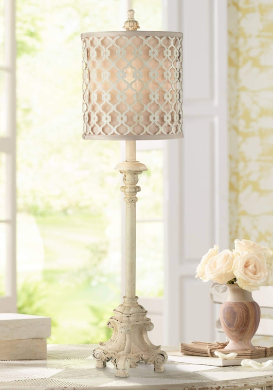 Buffet Lamp French Country Tall Skinny Ivory Lattice Double Shade