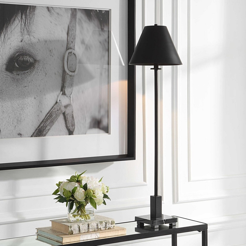 Buffet Lamp, Marbled Block Base, Black Rectangular Shade, 37" Height