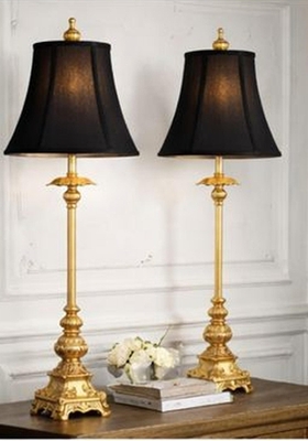 Buffet Lamp Set French Country Glam Tall Antiqued Gold Black Shades