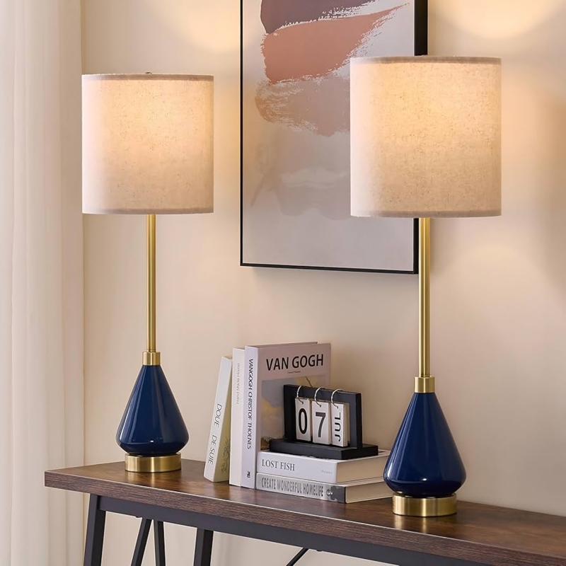 Buffet Lamp Set in Glossy Navy Blue Ceramic with Candlestick Base