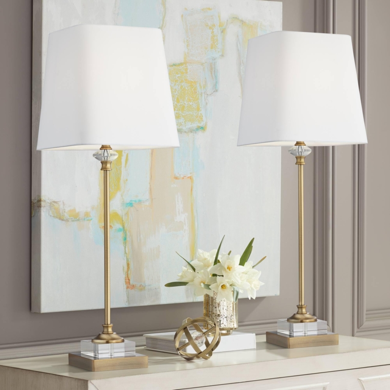 Buffet Lamp Set Skinny Profile Stacked Crystal Base Empire Shade Traditional