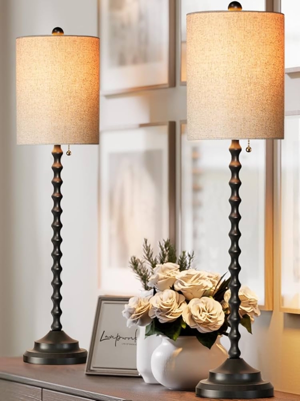 Buffet Lamp Set with Textured Stone-Like Base, Modern Farmhouse Style