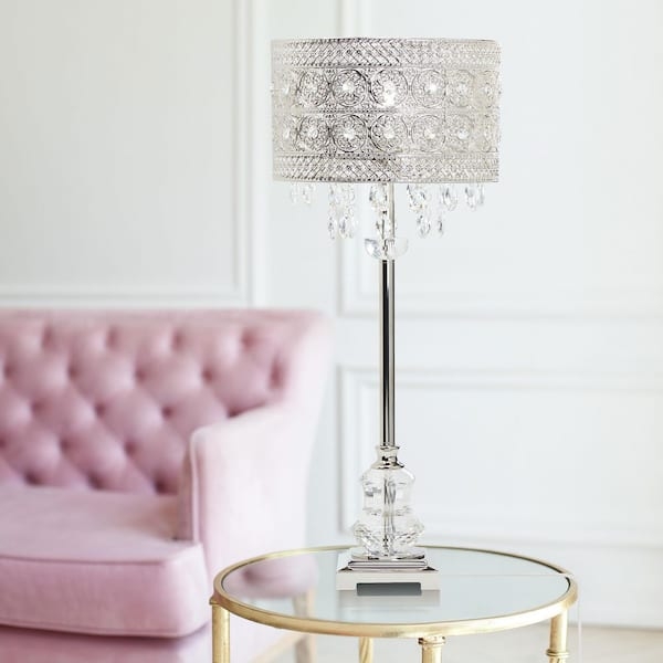 Buffet Lamp Slender Polished Nickel Base Crystal Lattice Cylinder Shade
